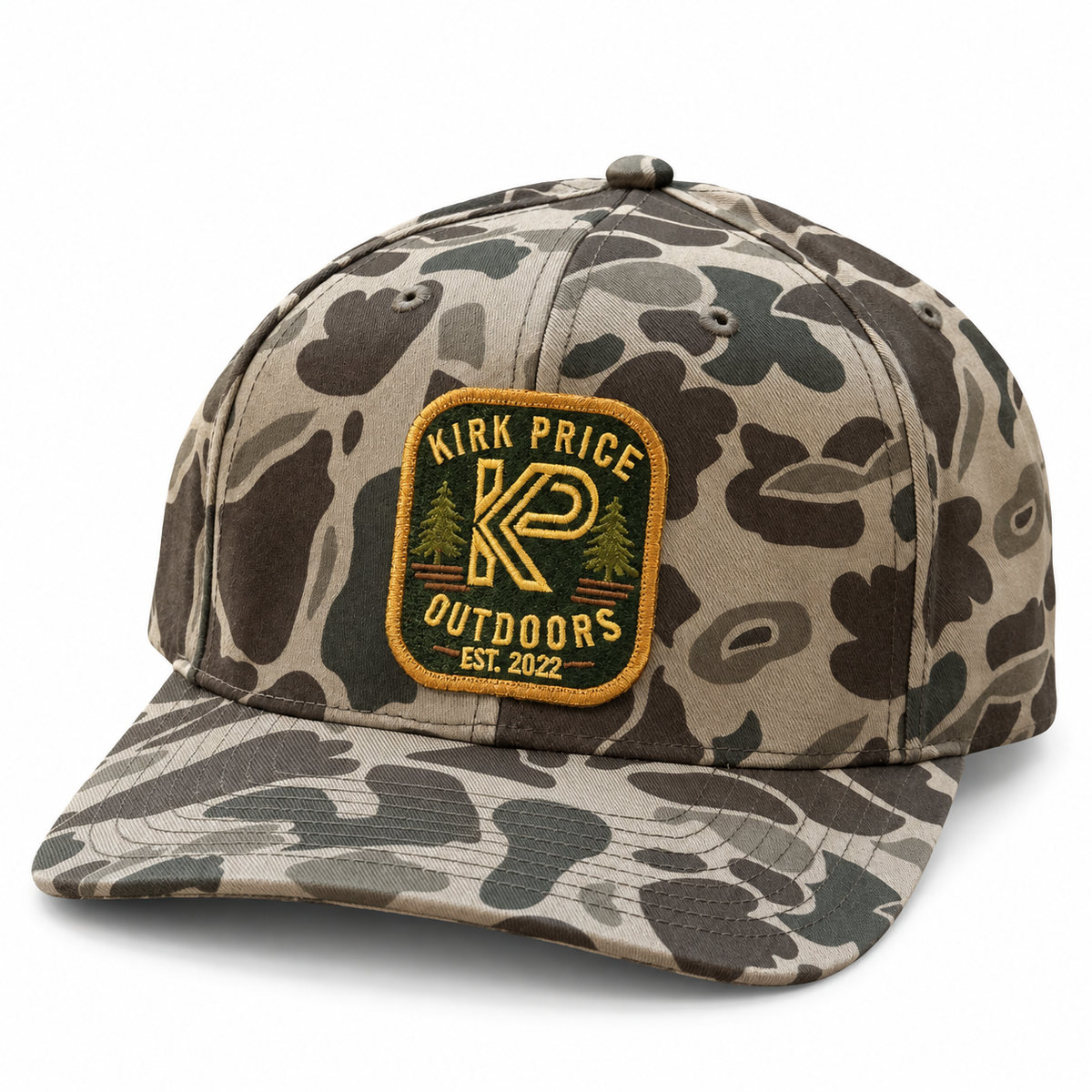 Kirk Price Outdoors Bark Duck Camo hat with embroidered green and gold KP patch on white