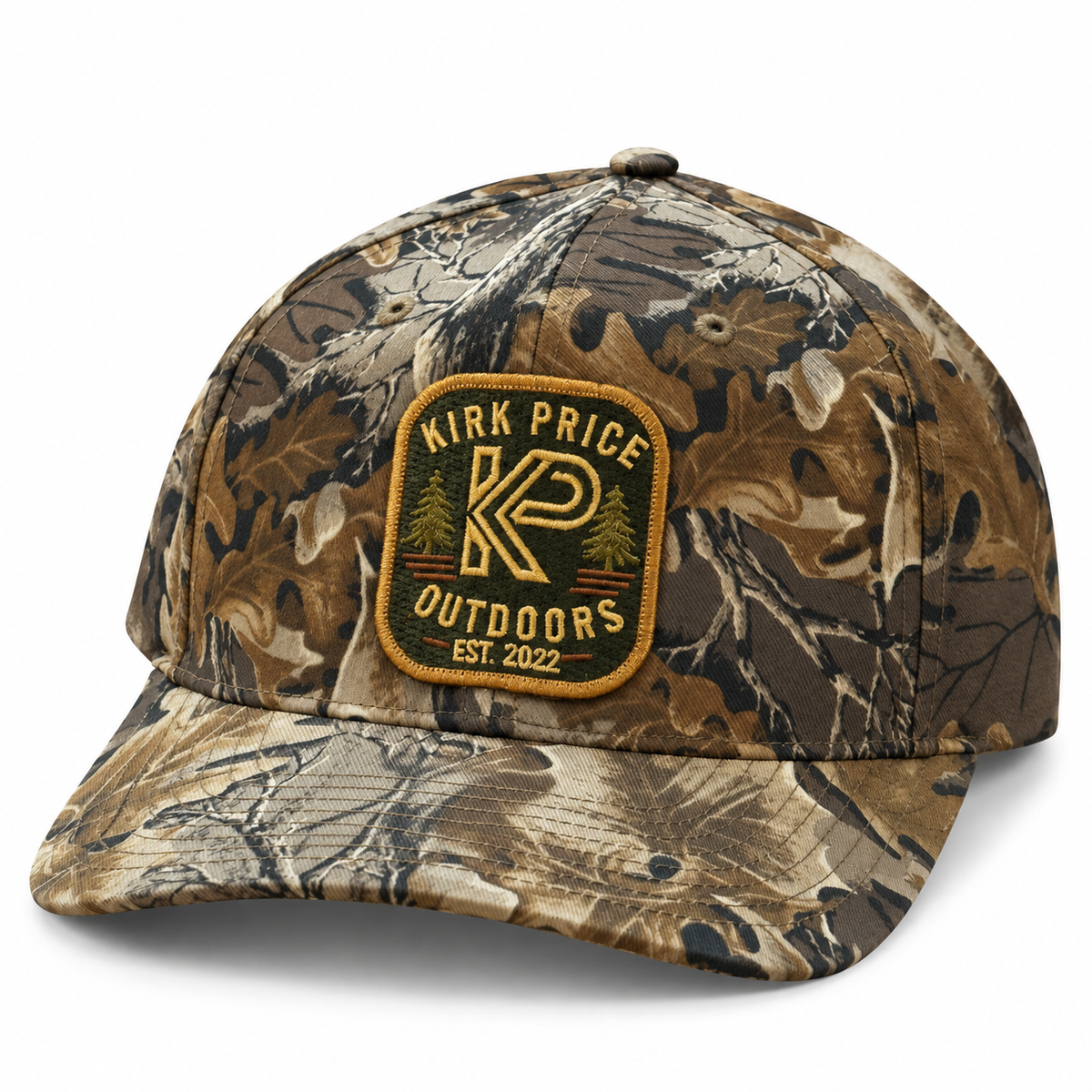 Kirk Price Outdoors Realtree Advantage camouflage hat with embroidered green and gold KP patch on white