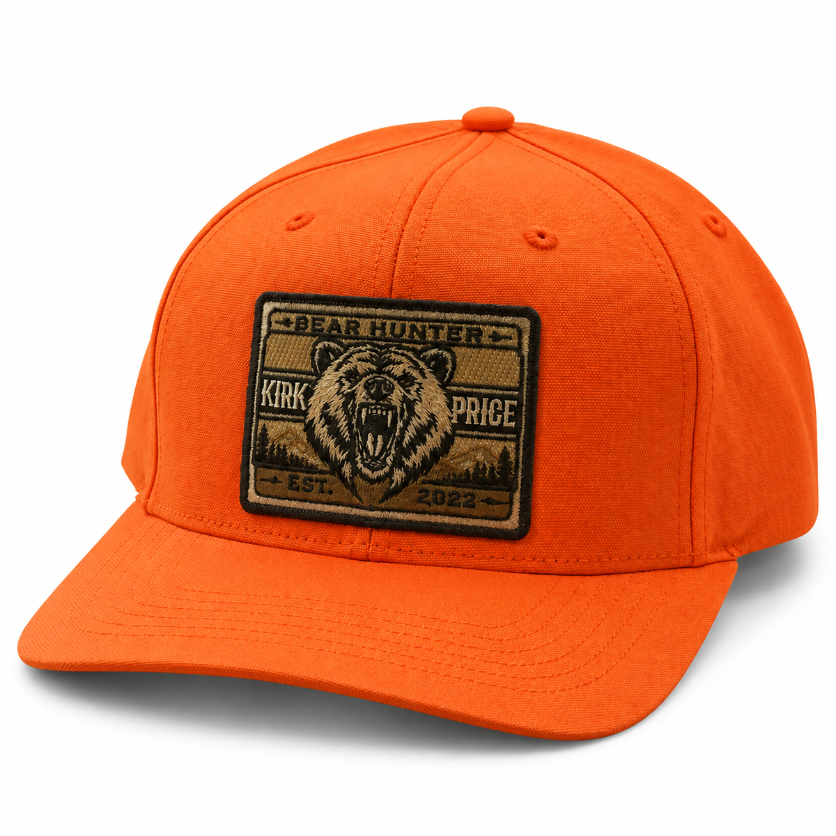 Kirk Price Bear Hunter Blaze Orange hat with embroidered bear patch and curved brim on white