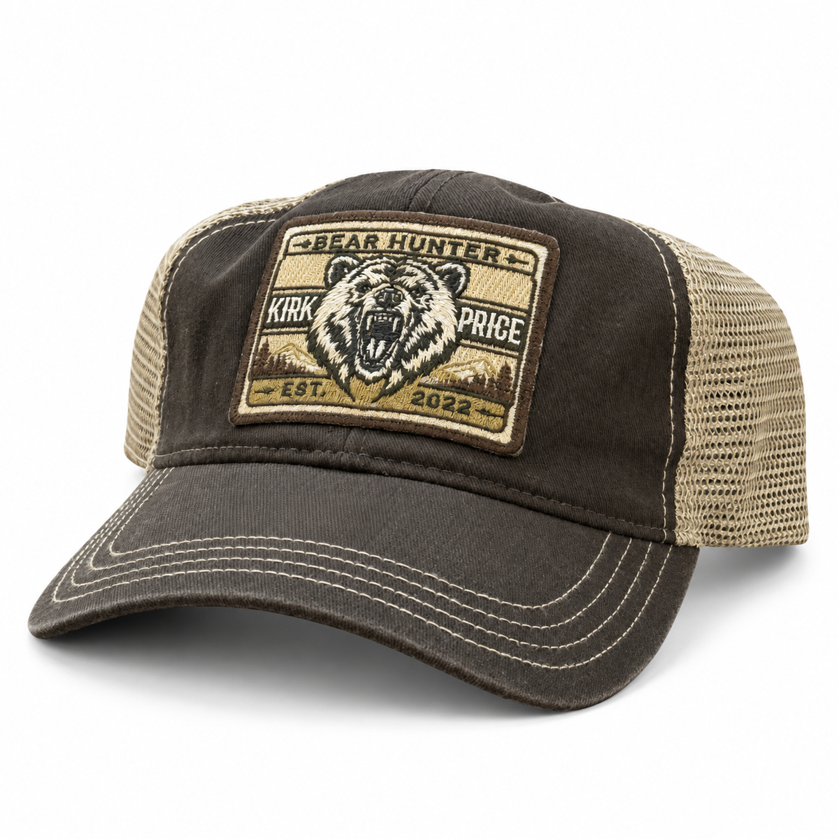 Kirk Price Bear Hunter Brown/Khaki trucker hat with embroidered bear patch, khaki mesh and curved brim on white