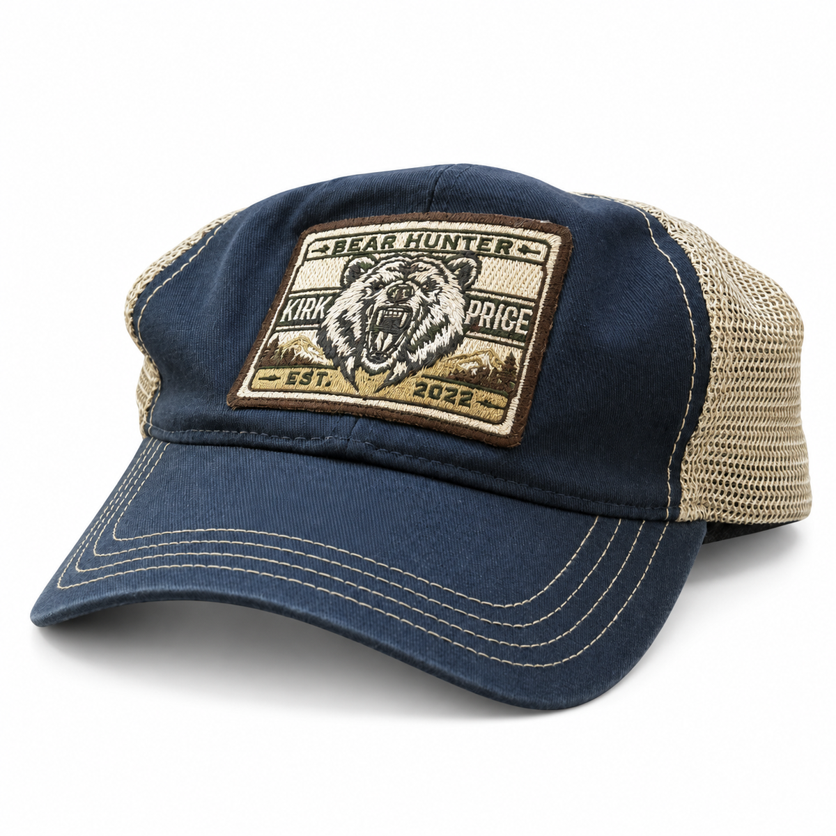 Kirk Price Bear Hunter Navy/Khaki trucker hat with embroidered bear patch, khaki mesh and curved brim on white