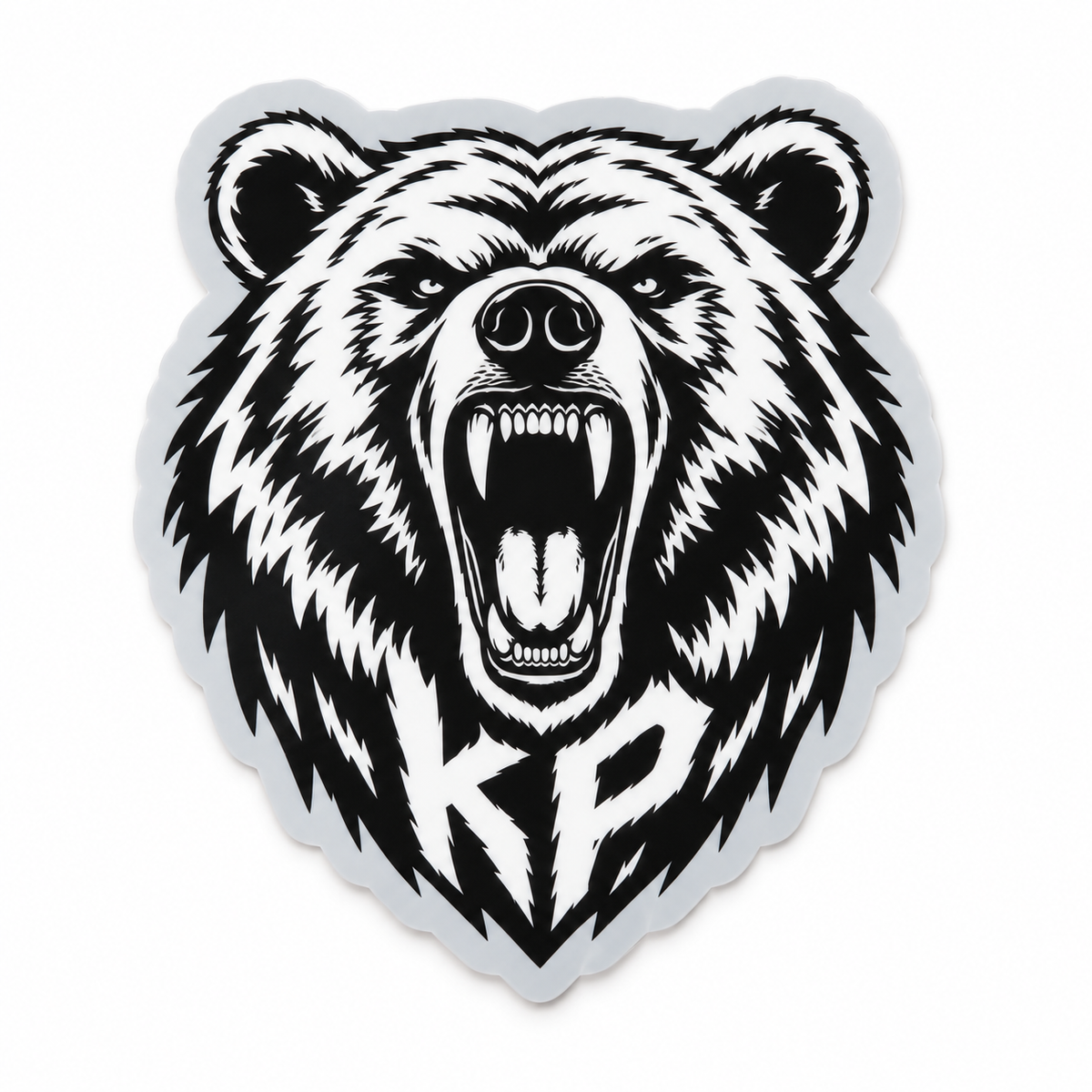 Black and white Kirk Price bear-head vinyl sticker with gray border and KP lettering integrated into the lower artwork